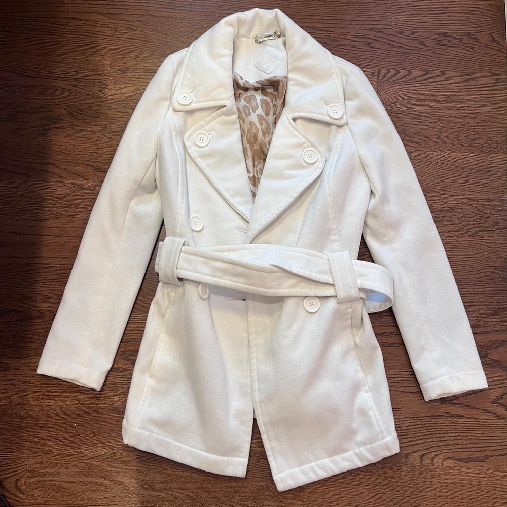 Y2K‎ Winter Cream Belted Double Breasted Pea Coat Leopard Print Lining Small